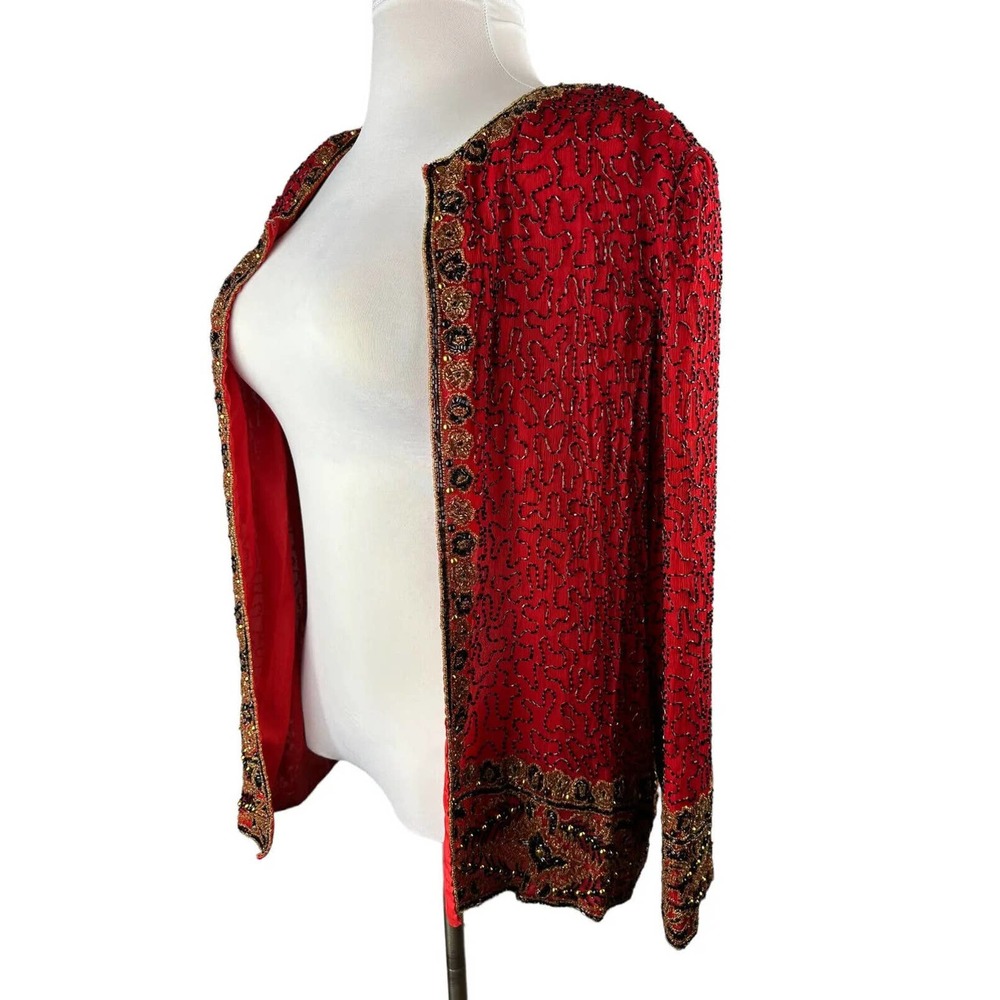 *Flawed* Vintage Laurence Kazar Silk Beaded Embellished Jacket Red Plus Size 2X - Picture 3 of 16